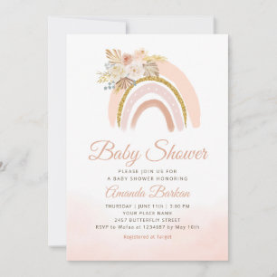 Boho Pampas Grass pink Rainbow girl Baby Shower  Invitation
