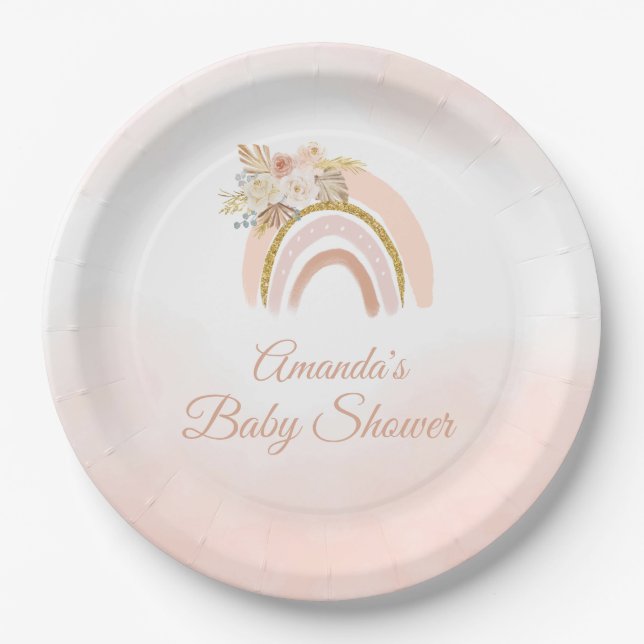 Boho Pampas Grass pink Rainbow girl Baby shower  Paper Plate (Front)