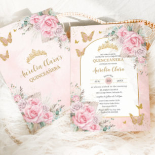 Boho Pampas Grass Pink Roses Floral Quinceañera Invitation