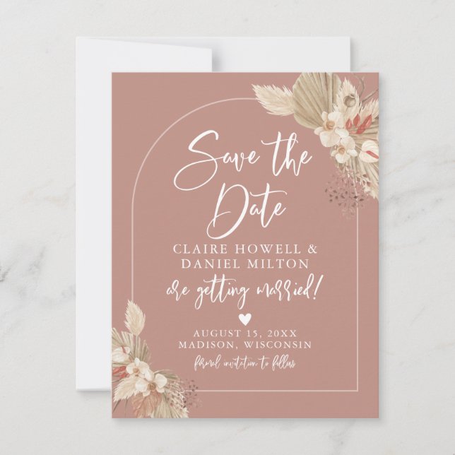 Boho Pampas Grass Pink Terracotta Save The Date (Front)