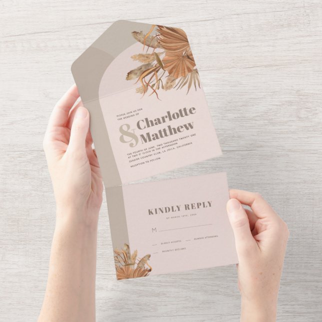 Boho Pampas Grass Pink Wedding All In One Invitation (Tearaway)