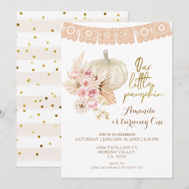 Boho Pampas Grass Pumpkin 1st Birthday Invitation (Front/Back)