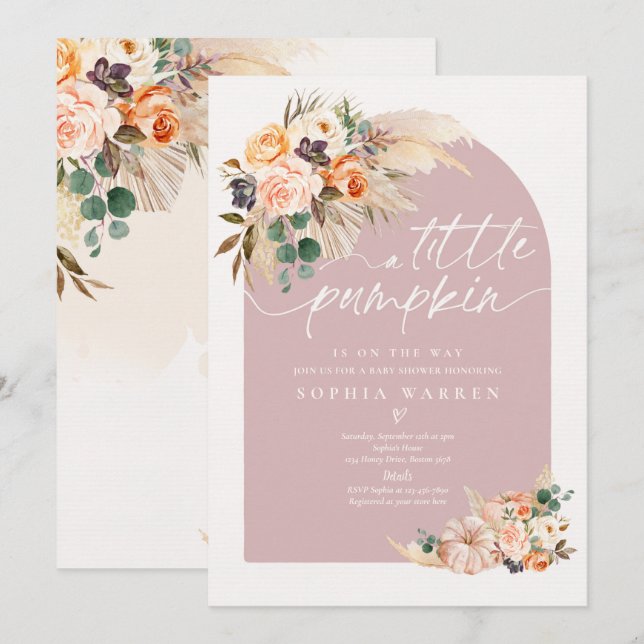 Boho Pampas Grass Pumpkin Baby Shower Dusty Pink Invitation (Front/Back)