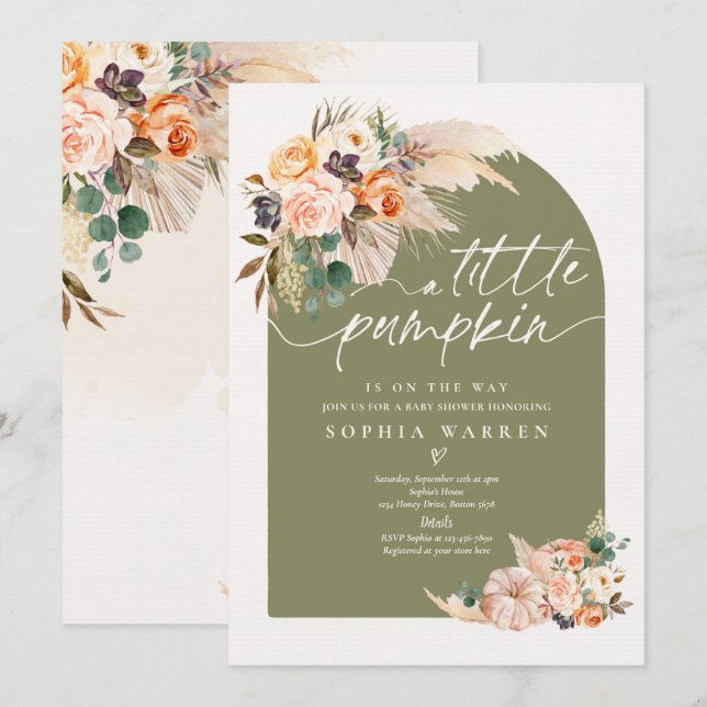 Boho Pampas Grass Pumpkin Baby Shower Olive Green Invitation (Front/Back)