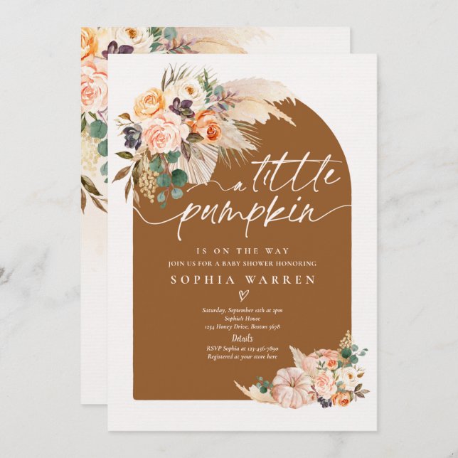 Boho Pampas Grass Pumpkin Baby Shower Terracotta Invitation (Front/Back)