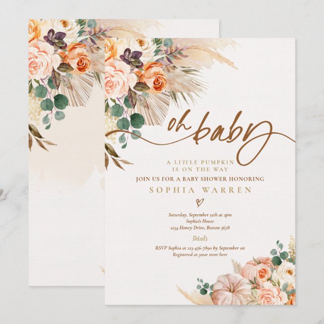 Boho Pampas Grass Pumpkin Baby Shower Terracotta Invitation (Front/Back)