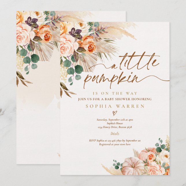 Boho Pampas Grass Pumpkin Baby Shower Terracotta  Invitation (Front/Back)