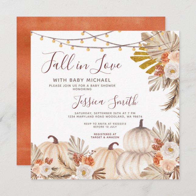 Boho Pampas Grass Pumpkin Fall in Love Baby Shower Invitation (Front/Back)