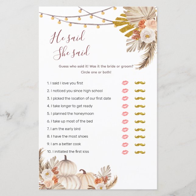 Boho Pampas Grass Pumpkin He said She said Games (Front)