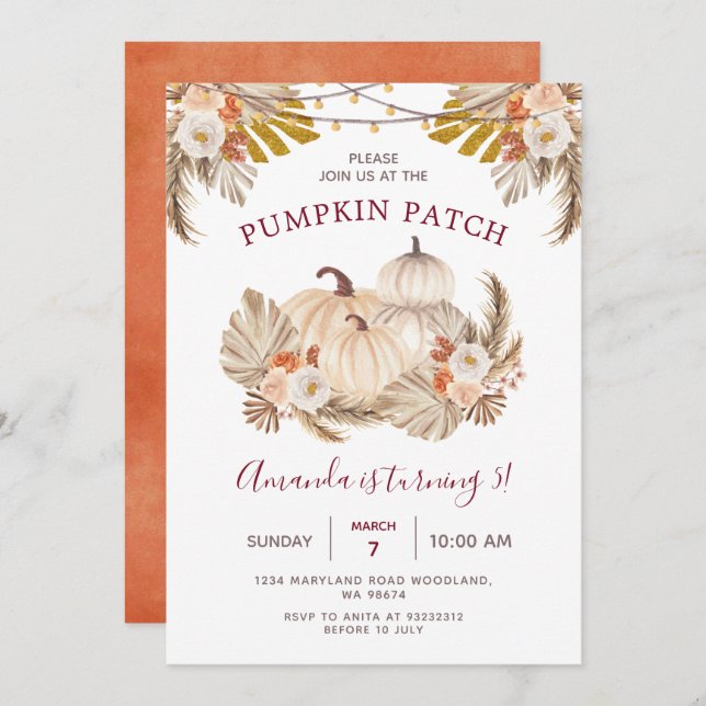 Boho Pampas Grass Pumpkin Patch 5th Birthday Invitation (Front/Back)