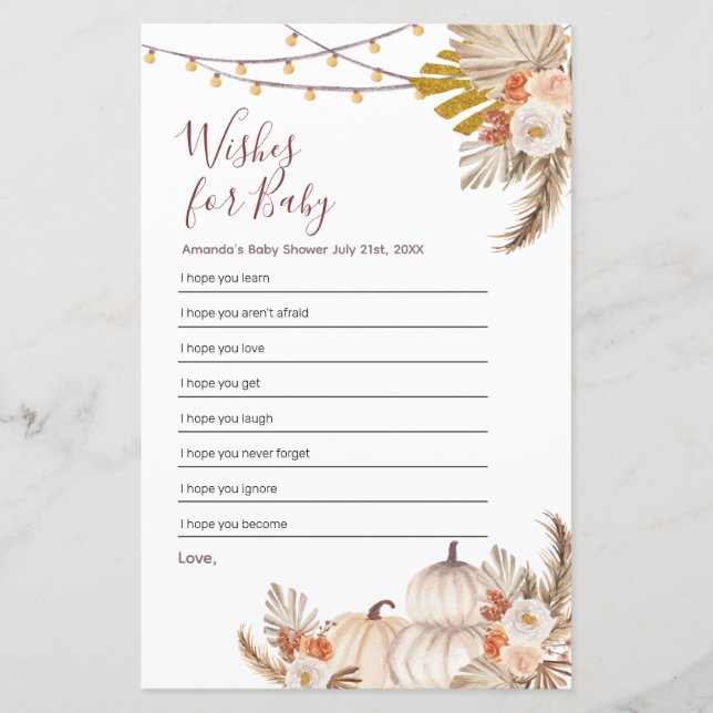 Boho Pampas Grass Pumpkin Wishes for Baby (Front)