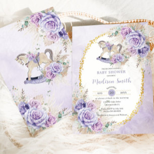Boho Pampas Grass Purple Floral Rocking Horse Baby Invitation