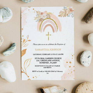 Boho Pampas Grass Rainbow Girl BAptism Christening Invitation