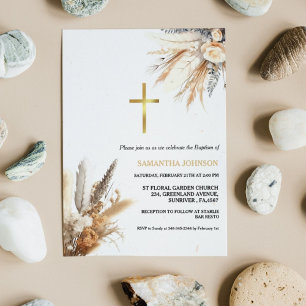 Boho Pampas Grass Rainbow Girl Baptism Christening Invitation
