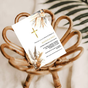 Boho Pampas Grass Rainbow Girl Baptism Christening Invitation