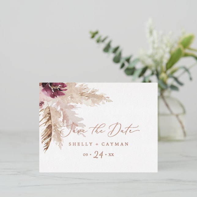 Boho Pampas Grass | Rose Gold Foil Save the Date Foil Invitation Postcard (Standing Front)