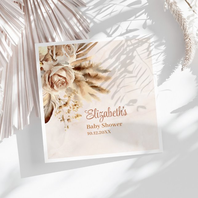 Boho Pampas Grass Roses Baby Shower Napkin (Boho Pampas Grass Roses Baby Shower Napkins on a sunny white table.)