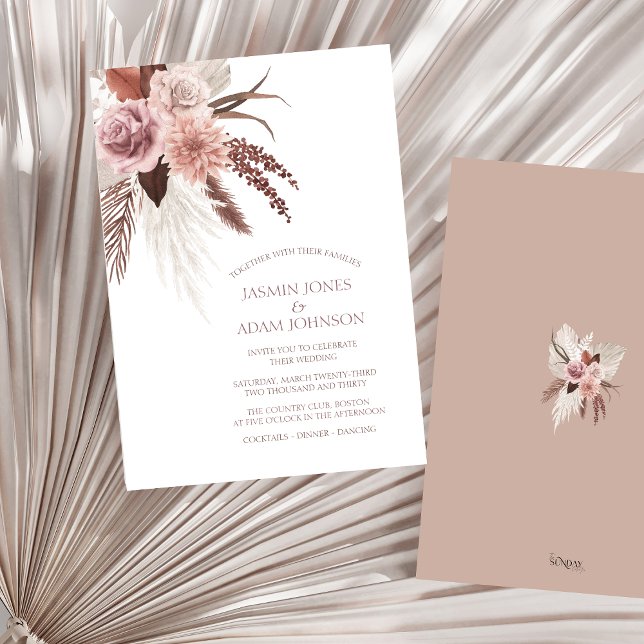 Boho Pampas Grass Rustic Terracotta Wedding Invitation (Boho Dusty Pink Dried Flowers Pampas Grass Wedding Invitation)