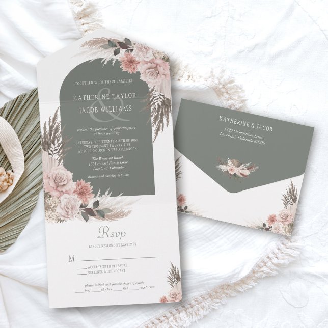Boho Pampas Grass Sage Green Floral Wedding All In One Invitation (boho pampas grass wedding invitation)