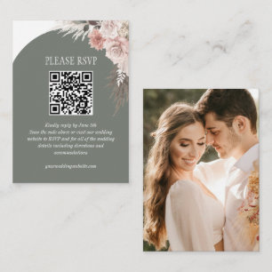 Boho Pampas Grass Sage Wedding Website QR Code Enclosure Card