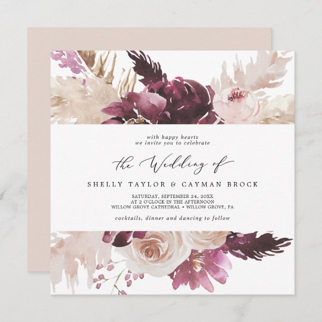 Boho Pampas Grass Square Wedding Invitation (Front/Back)