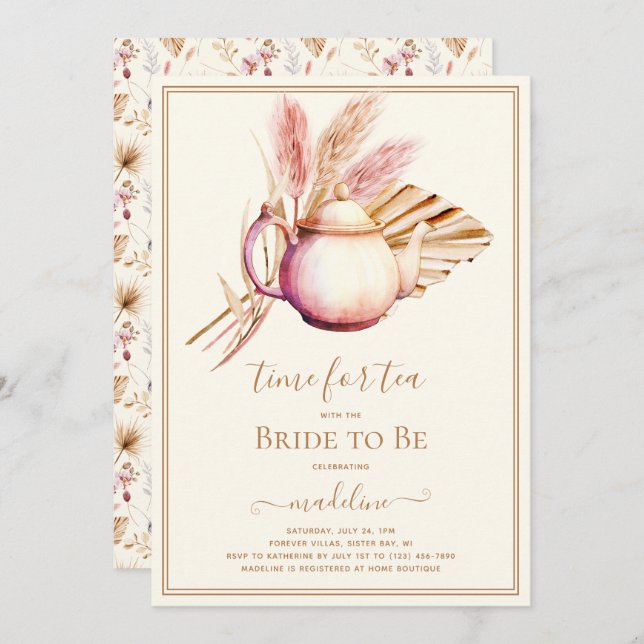 Boho Pampas Grass Tea Party Bridal Shower Invitation (Front/Back)