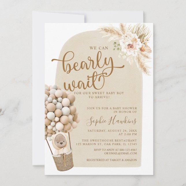 Boho Pampas grass Teddy Bear Baby shower boy Invitation (Front)