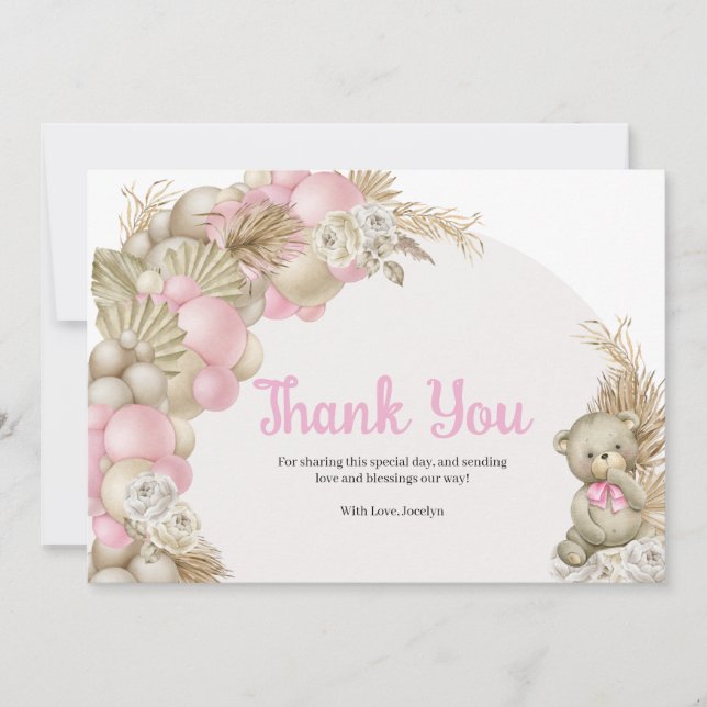 Boho Pampas Grass Teddy Bear Baby Shower Thank You Card (Front)