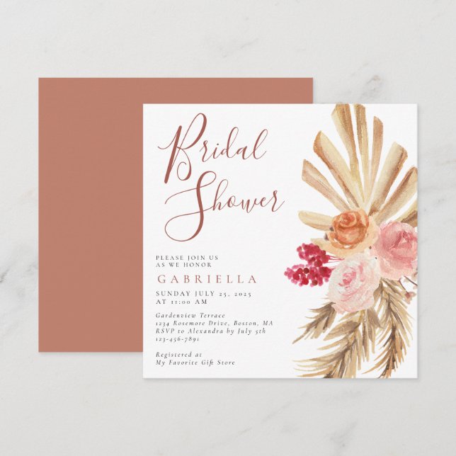 Boho Pampas Grass Terracotta Bridal Shower Invitation (Front/Back)