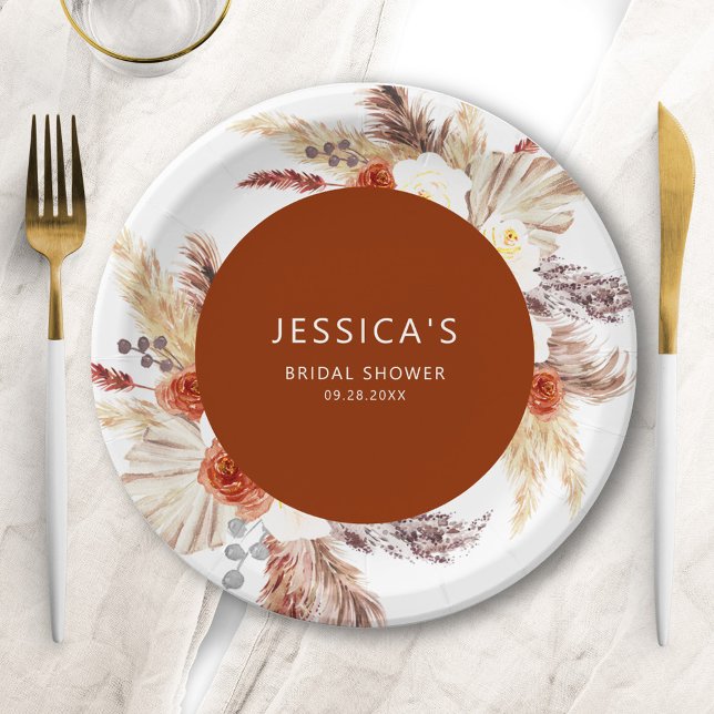 Boho Pampas Grass Terracotta Bridal Shower Paper Plate (Creator Uploaded)