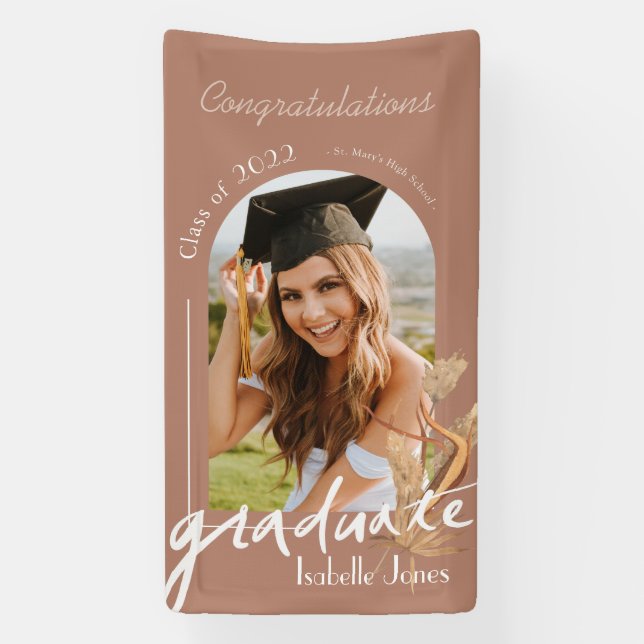 Boho Pampas Grass Terracotta Photo Graduation Banner (Vertical)