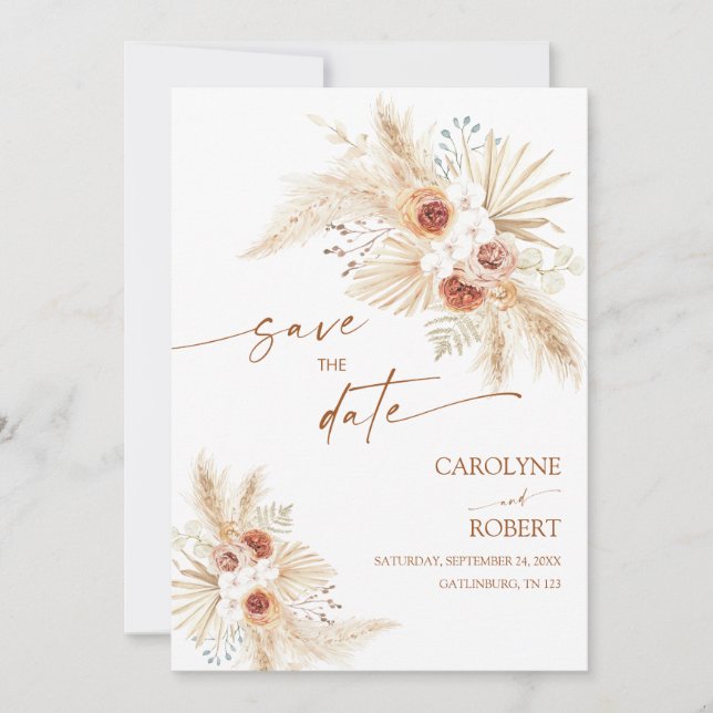 Boho Pampas Grass Terracotta Save The Date Invitation (Front)