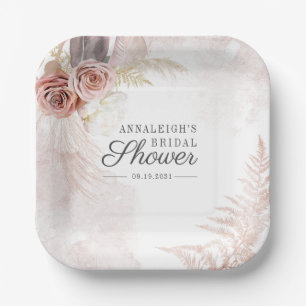 Boho Pampas Grass Terracotta Script Bridal Shower Paper Plate