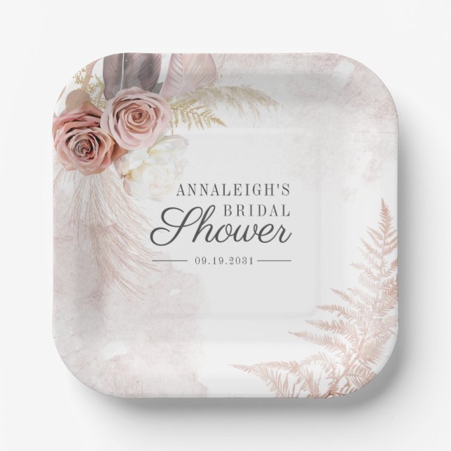 Boho Pampas Grass Terracotta Script Bridal Shower Paper Plate (Front)