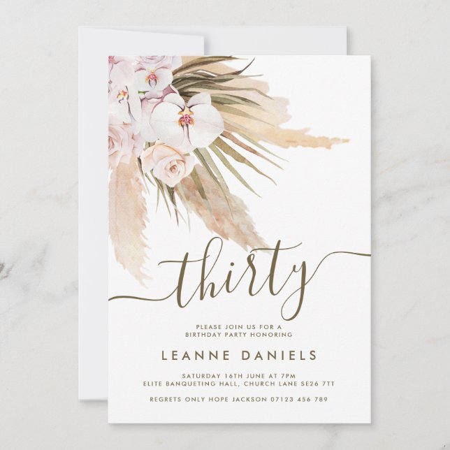 Boho Pampas Grass Thirtieth Birthday Party Invitation (Front)
