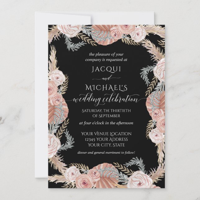 BOHO Pampas Grass Tropical Black Watercolor Floral Invitation (Front)