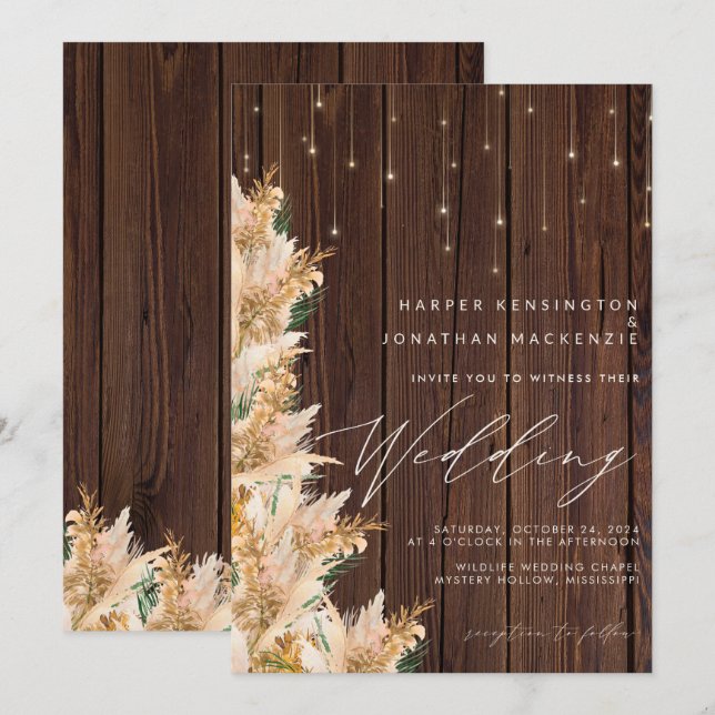 Boho Pampas Grass Twinkle Lights Wood Wedding Invitation (Front/Back)