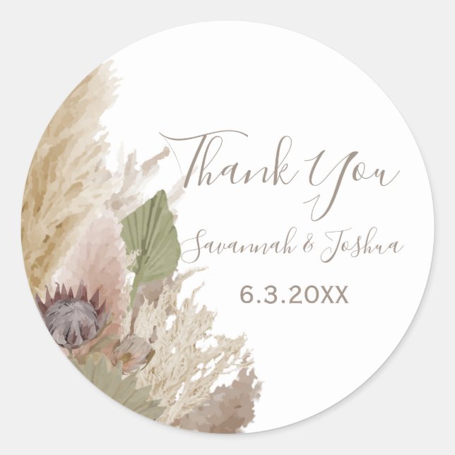 BOHO PAMPAS GRASS WATERCOLOR THANK YOU CLASSIC ROUND STICKER (Front)