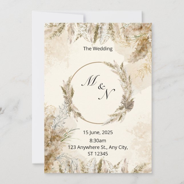 Boho Pampas Grass Watercolor Wedding Invitation (Front)