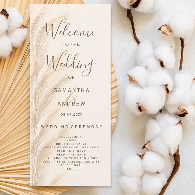 Boho pampas grass watercolor wedding program programme (Boho pampas grass watercolor wedding program)