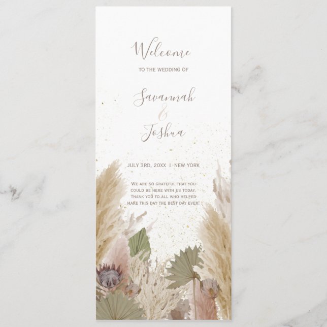 BOHO PAMPAS GRASS WATERCOLOR WEDDING PROGRAM PROGRAMME (Front)
