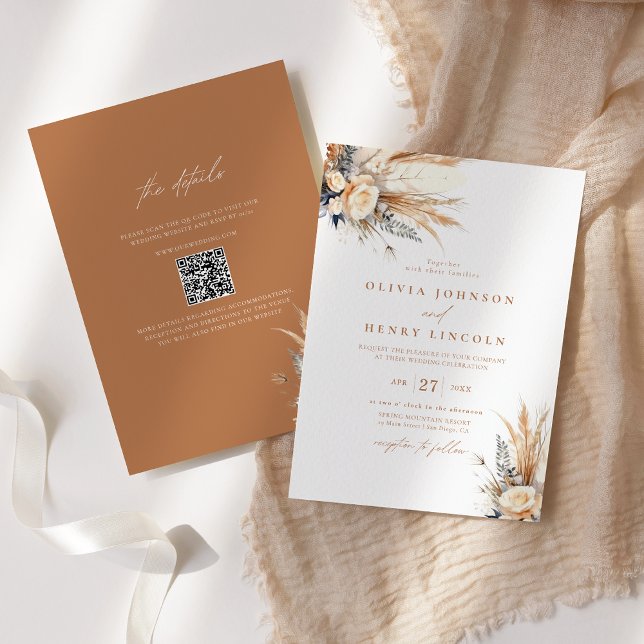Boho Pampas Grass Wedding Floral QR Code Invitation (Creator Uploaded)