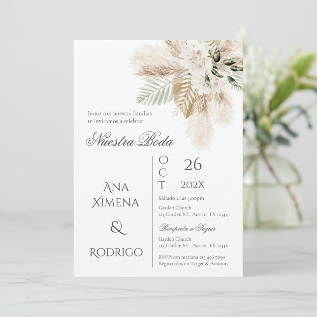 Boho Pampas Grass Wedding Invitation (Standing Front)