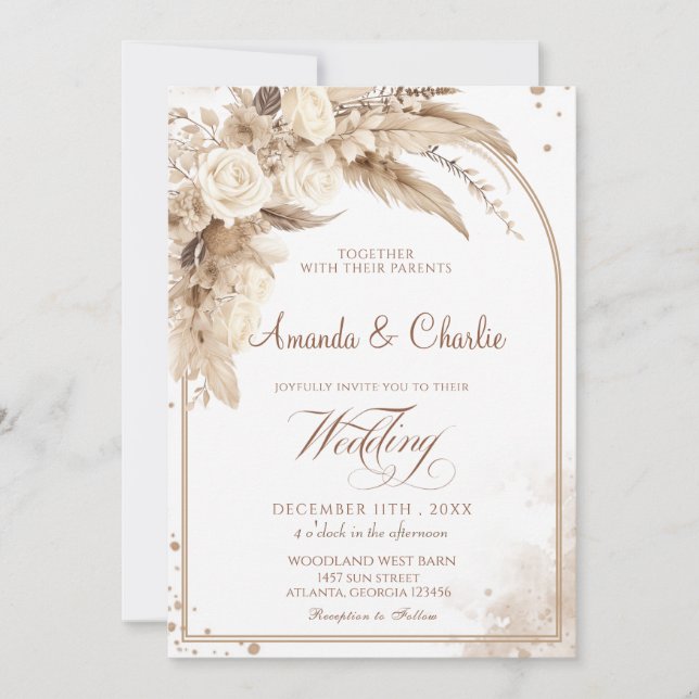 Boho Pampas Grass  Wedding  Invitation (Front)