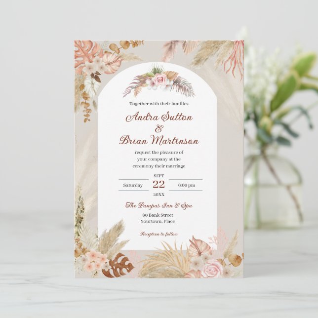 Boho Pampas Grass Wedding Invitation (Standing Front)
