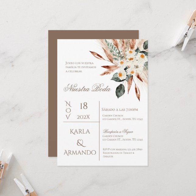 Boho Pampas Grass Wedding Invitation (Front/Back In Situ)