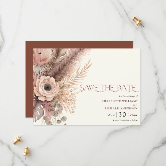 Boho Pampas Grass Wedding Save the Date Card (Front/Back In Situ)