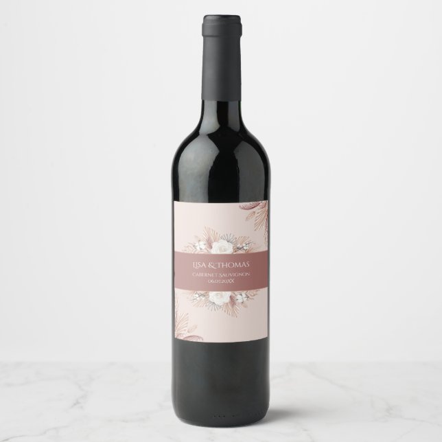 Boho Pampas Grass Wedding Wine Label Favour (Front)