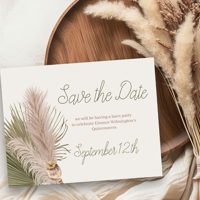 Boho Pampas Grass Western Quinceanera Save The Date (Save the Date from my Western Boho Quinceanera Collection - order printed or as printable download)