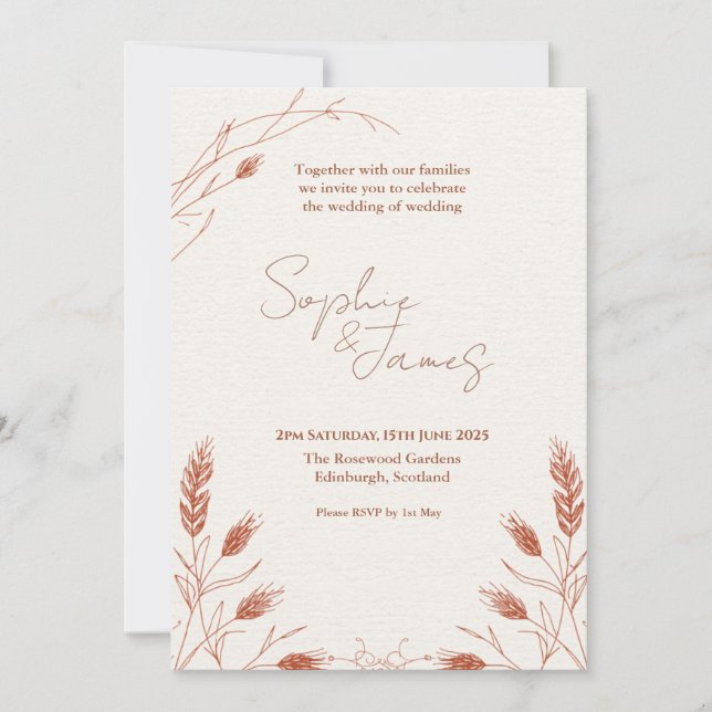 Boho Pampas Grass Wheat Wedding Invitation | Rust  (Front)